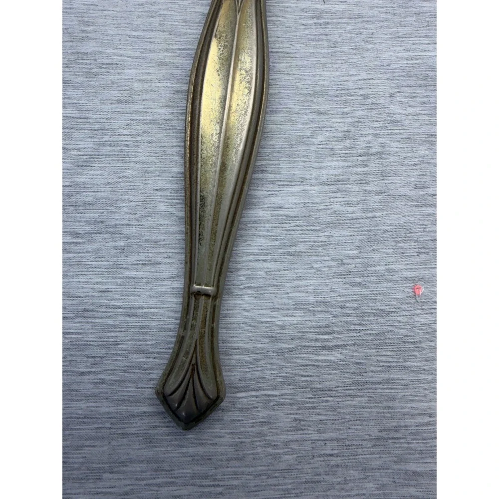 Vintage Gold Tone Hand Mirror Art Deco Floral Lace Inlay Shield Shape 12.5 Inch